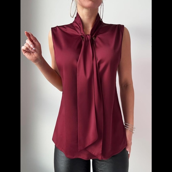 Women's Silk Satin Bow Tie Knot Mock Neck Sleeveless Blouse Top - Picture 2 of 8